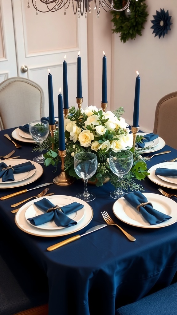 A Christmas table setting with navy blue decorations, white plates, and gold accents.